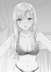1girl ayase_saki bedroom blush bra breasts cleavage collarbone gimai_seikatsu greyscale hair_ornament hairclip hiten_(hitenkei) indoors long_hair looking_at_viewer medium_breasts monochrome navel novel_illustration official_art panties parted_lips solo third-party_source underwear underwear_only