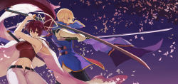 1boy 1girl absurdres aqua_eyes belt belt_buckle blazblue blazblue:_cross_tag_battle blonde_hair bodysuit breasts buckle cape capelet cherry_blossoms crossover gloves highres japanese_clothes katana kimono kisaragi_jin large_breasts long_coat long_hair midriff military military_uniform petals ponytail red_eyes red_hair ribbon slit_pupils sword trait_connection under_night_in-birth very_long_hair weapon yuzuriha_(under_night_in-birth)