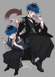 1boy aged_down artist_name bandaged_arm bandages black_haori black_kimono black_shoes black_socks blue_hair blush dated earrings eyepatch face_piercing facial_mark full_body grey_background hakama hakama_pants hands_up haori highres holding holding_vial japanese_clothes jewelry kimono male_focus omokage_yugamu pants piercing shoes short_hair simple_background small_sweatdrop smile socks teeth the_hundred_line_-last_defense_academy- uzu_(uzusio55) vial