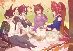 4girls :3 :d agnes_tachyon_(umamusume) ahoge animal_ears arm_rest autumn autumn_leaves bag_of_chips barefoot black_jacket botantouki bow box branch breasts brown_hair brown_tail chips_(food) chocolate_chip_cookie choker closed_eyes clothing_cutout cookie cropped_jacket daiwa_scarlet_(umamusume) eyepatch fang fishnet_pantyhose fishnets food fruitcake full_body grass grey_pants grey_tank_top hair_bow hair_intakes hair_over_one_eye hand_on_ground happy happy_aura highres holding holding_box holding_cookie holding_food hood hoodie horse_ears horse_girl horse_tail jacket jewelry large_breasts leaf long_hair looking_at_another medium_breasts multicolored_hair multiple_girls necklace off_shoulder open_mouth outdoors pants pantyhose picnic picnic_blanket plate potato_chips puffy_sleeves purple_sweater red_bow red_eyes red_socks short_hair shoulder_cutout sitting skirt smile snack socks streaked_hair sweater tail tanino_gimlet_(umamusume) tank_top tiara tree twintails umamusume very_long_hair vodka_(umamusume) wariza white_hair white_hoodie white_pants yellow_eyes