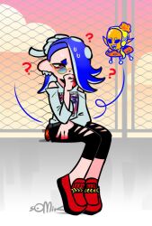 Rule 34 | 2girls, ?, commentary, english commentary, female focus, frye (splatoon), furrowed brow, inkling, medium hair, multiple girls, nintendo, octoling, octopus girl, one eye covered, red eyes, shiver (splatoon), somikart, splatoon (series), splatoon 3, squid girl, sunglasses, tentacle hair