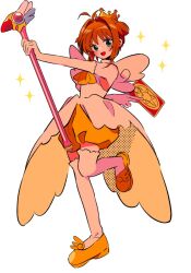 1girl :d antenna_hair ascot bare_shoulders between_fingers bloomers blush brown_hair card card_between_fingers cardcaptor_sakura crown dress elbow_gloves full_body gloves holding holding_wand kinomoto_sakura kinomoto_sakura_(miraculous_sakura) looking_at_viewer open_mouth outstretched_arm sanamaru_(sana79261827) shoes short_hair simple_background smile solo sparkle standing standing_on_one_leg thighhighs underwear wand white_background white_dress white_gloves white_thighhighs white_wings wings yellow_ascot yellow_bloomers yellow_shoes