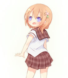 Rule 34 | 1girl, 22m, blue eyes, blush, female focus, flower, from behind, gochuumon wa usagi desu ka?, hair flower, hair ornament, hairclip, highres, hoto cocoa, looking at viewer, looking back, open mouth, orange hair, pink flower, plaid clothes, plaid skirt, pleated skirt, red sailor collar, red skirt, sailor collar, school uniform, serafuku, shirt, short hair, short sleeves, simple background, skirt, solo, standing, white background, white shirt