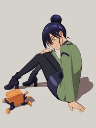 1girl black_boots black_pantyhose black_skirt blush boots closed_mouth commentary_request conch_(gundam) green_jacket grey_background gundam gundam_gquuuuuux hair_between_eyes hair_bun high_heel_boots high_heels jacket long_sleeves nyaan_(gundam_gquuuuuux) pantyhose pencil_skirt porupurucha robot shadow simple_background single_hair_bun sitting skirt solo yellow_eyes