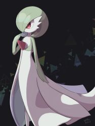Rule 34 | black background, bob cut, colored skin, commentary request, dress, gardevoir, gen 3 pokemon, green hair, green skin, hair over one eye, highres, karaneko, multicolored skin, nintendo, pink eyes, pokemon, pokemon (creature), signature, two-tone skin, white dress, white skin