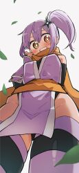 1girl blush brown_eyes gauntlets grin highres hundredburger japanese_clothes kimono kusagakure_satoko leaf long_hair looking_at_viewer ninja ninja_to_koroshiya_no_futarigurashi official_art orange_scarf purple_hair purple_kimono scarf short_kimono shuriken_hair_ornament side_ponytail simple_background sleeveless sleeveless_kimono smile teeth white_background