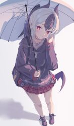 1girl absurdres backpack bag black_choker black_hair black_hoodie black_horns black_shoes blue_archive blush choker commentary_request demon_horns double-parted_bangs ear_piercing from_above full_body grey_shirt highres holding holding_umbrella hood hood_down hoodie horns kaihuafugui kayoko_(blue_archive) long_sleeves looking_at_viewer low_wings miniskirt multicolored_hair open_mouth piercing plaid_clothes plaid_skirt pleated_skirt print_hoodie red_eyes red_skirt shadow shirt shoes sidelocks simple_background single_wing skirt smile solo streaked_hair umbrella white_background white_hair white_umbrella wings