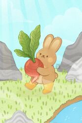 animal_ears arcasian blue_sky boots brown_fur food grass highres lake on_grass original rabbit rabbit_ears rabbit_tail radish rock sky tail vegetable walking yellow_boots
