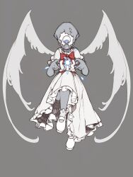 Rule 34 | 1girl, alien, angel wings, bare arms, blue eyes, bolos, bow, bowtie, bright pupils, center frills, collared vest, commentary, english commentary, evil grin, evil smile, feathered wings, floating, frilled sleeves, frilled socks, frilled vest, frills, full body, grey background, grey socks, grin, knee up, long skirt, looking down, magic, mai (touhou), mary janes, monsterification, one-eyed, pleated skirt, puffy short sleeves, puffy sleeves, red bow, red bowtie, shoes, short sleeves, simple background, skirt, skirt set, smile, socks, solo, straight-on, touhou, touhou (pc-98), vest, white pupils, white shoes, white skirt, white vest, white wings, wings