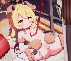 1girl animal_ears animal_hands backpack bag belt_collar bikini bikini_top_lift black_horns black_tail blonde_hair blue_archive bottomless censored cleft_of_venus clothes_lift collar demon_girl demon_horns demon_tail dog_ears elbow_gloves fake_animal_ears flat_chest fur-trimmed_bikini fur-trimmed_gloves fur-trimmed_thighhighs fur_trim gloves halo highres horns ibuki_(blue_archive) leash loli long_hair lying micro_bikini mosaic_censoring nipples on_back open_mouth paid_reward_available paw_gloves pointy_ears pussy randoseru red_bag red_collar setmen solo spread_legs swimsuit tail thighhighs untied_bikini_bottom unworn_bag white_bikini white_thighhighs yellow_eyes yellow_halo