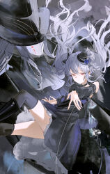 1boy 1girl absurdres bare_shoulders black_boots black_bow black_choker black_dress black_hat black_jacket black_shoes black_sleeves black_thighhighs blood blood_on_face blue_flower boots bow choker commentary detached_sleeves doll doll_joints dress flantia flower frilled_dress frills hair_between_eyes hair_flower hair_ornament hat highres jacket joints knee_boots lloyd_(granblue_fantasy) long_hair looking_at_viewer mini_hat orchis puppet_strings red_eyes shadowverse shadowverse:_worlds_beyond shoes sidelocks sleeveless sleeveless_dress strapless strapless_dress thighhighs top_hat twintails