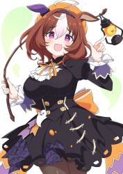 Rule 34 | :3, animal ears, back bow, black corset, black dress, black pantyhose, blush, bow, bowtie, collar, corset, cowboy shot, dress, ear covers, frilled collar, frilled sleeves, frills, ghost ornament, hairband, high collar, highres, horse ears, horse girl, horse tail, jack-o&#039;-lantern ornament, juliet sleeves, kamuraaa 615, lantern, long sleeves, meisho doto (dot-o&#039;-lantern) (umamusume), meisho doto (umamusume), multicolored hair, open mouth, orange bow, orange bowtie, pantyhose, puffy sleeves, purple eyes, short hair, single ear cover, tail, two-tone hair, umamusume, white hair