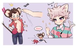 ! !! &gt;_&lt; 0_0 2boys ^^^ amused animal_ears arrow_(symbol) bad_id bad_pixiv_id bede_(pokemon) blush brown_hair cat_boy cat_ears cat_tail closed_mouth collared_shirt commentary eyelashes index_finger_raised looking_down male_focus mini_person miniboy motion_lines mouse_boy mouse_ears mouse_tail multiple_boys nintendo pants pokemon pokemon_swsh purple_eyes red_shirt shirt short_hair shota sitting sleepy_(mu68968) smile sparkle spoken_blush tail tail_wagging tearing_clothes torn_clothes torn_shirt undershirt v-shaped_eyebrows victor_(pokemon)