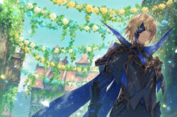1boy armor artist_name black_cape black_jacket black_mask blonde_hair blue_cape blue_eyes blue_flower blue_sky building cape city closed_mouth cloud collared_cape commentary_request dainsleif_(genshin_impact) day elmar falling_petals flower frown garland_(decoration) genshin_impact gold_trim hair_between_eyes hair_intakes half_mask house jacket light_particles male_focus mask mask_over_one_eye mondstadt_city outdoors petals plant short_hair signature sky solo standing two-sided_cape two-sided_fabric vines watermark white_flower yellow_flower
