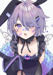 1girl absurdres adapted_costume animal_ears bandaid bandaid_on_cheek bandaid_on_face bandaid_on_nose black_jacket black_leotard black_pantyhose blue_jacket chest_jewel detached_collar gem grey_hair hair_over_one_eye highres hololive hololive_english jacket jewel_under_eye koseki_bijou koseki_bijou_(casual) leotard looking_at_viewer metal_wings open_mouth pantyhose playboy_bunny purple_eyes purple_gemstone quilted_jacket rabbit_ears shiba_(iaps_1004) simple_background single_leg_pantyhose solo virtual_youtuber white_background