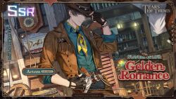 1boy artem_wing_(tears_of_themis) bar_(place) black_gloves blue_eyes bottle brown_hair brown_jacket character_name closed_mouth collared_shirt cowboy cowboy_hat cowboy_western cup drinking_glass fingerless_gloves gloves green_shirt gun handgun hat holding holding_gun holding_weapon holster indoors jacket looking_at_viewer male_focus neckerchief official_art revolver saloon scotch_whisky shadow shirt short_hair smith_&amp;_wesson_model_19 solo tears_of_themis weapon western whisky_glass wine_bottle wine_glass yellow_neckerchief
