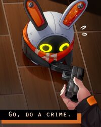 1boy animal_ears bandana bandana_over_mouth bangboo_(zenless_zone_zero) black_jacket english_text eous_(zenless_zone_zero) giving go_do_a_crime_(meme) gun hellishcarnage highres holding holding_gun holding_weapon jacket meme rabbit_ears red_bandana robot solo_focus weapon wise_(zenless_zone_zero) zenless_zone_zero