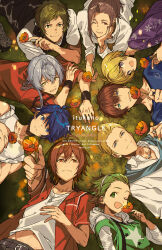 6+boys absurdres ahoge aqua_eyes bandaid bandaid_hair_ornament belt black_belt black_pants blonde_hair blue_eyes blue_hair blue_shirt bracelet brown_hair character_request collarbone commentary_request dated earrings flower flower_request green_eyes green_hair green_hoodie grey_hair grey_vest hair_between_eyes hair_ornament hand_on_own_arm hand_on_own_face heterochromia highres holding holding_flower hood hood_down hooded_shirt hoodie idolmaster idolmaster_side-m jacket japanese_clothes jewelry kashiwagi_tsubasa kimono light_particles looking_at_viewer lying male_focus midriff multiple_boys nana_tetra necklace on_back on_grass on_side on_stomach one_eye_closed open_mouth orange_eyes orange_flower orange_hair own_hands_together pants parted_lips print_hoodie purple_eyes purple_kimono red_jacket red_shirt shirt short_hair sleeves_rolled_up smile star_(symbol) star_print teeth upper_body vest white_shirt yellow_eyes