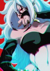 1girl android_21 bare_shoulders black_sclera black_sleeves black_tube_top blood blood_in_hair blood_on_face breasts cleavage collarbone colored_sclera detached_sleeves dragon_ball dragon_ball_fighterz earrings highres hoop_earrings jewelry large_breasts majin_android_21 navel pointy_ears red_background red_eyes red_lips simple_background solo stktik09060906 strapless tube_top upper_body