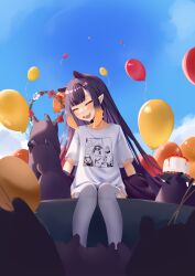 1girl balloon blue_sky blunt_bangs cake closed_mouth commentary day english_commentary flower_wreath food gradient_hair highres hololive hololive_english long_hair mole mole_under_eye multicolored_hair ninomae_ina&#039;nis ninomae_ina&#039;nis_(loungewear) official_alternate_costume open_mouth orange_hair outdoors pointy_ears print_shirt purple_hair pyrokuro shirt sidelocks sitting sky smile solo straight-on straight_hair t-shirt takodachi_(ninomae_ina&#039;nis) tentacle_hair thighhighs very_long_hair virtual_youtuber white_shirt white_thighhighs