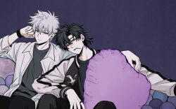 Rule 34 | 2boys, ball, black hair, black jacket, black pants, black shirt, blue eyes, candy, cheng xiaoshi, closed mouth, collared shirt, couch, dsarl995595, food, grey hair, grey shirt, hair between eyes, hand on another&#039;s shoulder, hand on own face, hand up, head rest, highres, holding, holding pillow, jacket, jewelry, lollipop, lollipop in mouth, long sleeves, looking at viewer, lu guang, male focus, mouth hold, multicolored jacket, multiple boys, on couch, open clothes, open jacket, pants, pillow, ponytail, purple background, ring, shiguang dailiren, shirt, short hair, short ponytail, simple background, sitting, watch, white hair, white jacket, white shirt, wristwatch, yaoi, yellow eyes