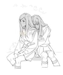 Rule 34 | 2girls, arm around waist, blush, closed eyes, closed mouth, commentary, fujino shizuru, greyscale, guri gom, hashtag-only commentary, head on another&#039;s back, hood, hoodie, hug, hug from behind, kuga natsuki, long hair, long sleeves, monochrome, multiple girls, my-hime, pleated skirt, sitting, skirt, smile, yuri