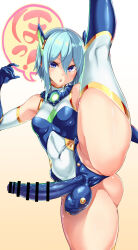 Rule 34 | 1futa, :o, ass, bar censor, bare shoulders, blue eyes, blue gloves, blue hair, blue thighhighs, boots, breasts, bulge, calpish, censored, condom, condom on penis, covered erect nipples, covered navel, covered penis, covered testicles, elbow gloves, elekshaal (calpish), erection, erection under clothes, flexible, futanari, gloves, gradient background, hair between eyes, headgear, highres, huge testicles, kneepits, large penis, leg lift, leg up, leotard, looking at viewer, magical girl, medium breasts, no testicles, open mouth, original, penis, short hair, skin tight, solo, split, standing, standing on one leg, standing split, testicles, thick thighs, thighhighs, thighs, variant set, white background, white thighhighs, yellow background