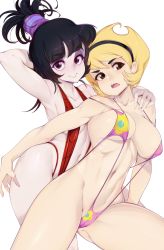 beetlejuice black_lips blonde_hair breasts brown_eyes cleft_of_venus covered_navel crossover dress eyeshadow female_focus headband highres lipstick looking_at_viewer lydia_deetz makeup mandy_(grim_adventures) medium_breasts navel one-piece_swimsuit pink_one-piece_swimsuit pink_slingshot_swimsuit ponytail purple_eyes red_one-piece_swimsuit red_slingshot_swimsuit sharp_teeth shiny_skin short_hair simple_background slingshot_swimsuit slugbox swimsuit teeth the_grim_adventures_of_billy_&amp;_mandy trait_connection variant_set white_background