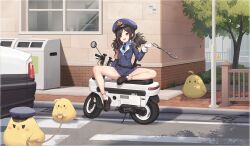 &lt;|&gt;_&lt;|&gt; 1girl :d absurdres animal armband artist_request azur_lane baby_animal baton_(weapon) bird black_hair black_shoes blue_hat blue_jacket blue_shirt blue_skirt bound bound_wrists building car check_artist chick collared_shirt convenient_leg cropped_jacket cuffs day eyes_visible_through_hair gloves hair_ornament hairclip hand_up handcuffs hat high-waist_skirt highres holding honda honda_motocompo jacket kinjo_kuromomo loafers long_sleeves low_twintails manjuu_(azur_lane) motor_vehicle multicolored_hair non-web_source official_art open_mouth outdoors parted_bangs peaked_cap police police_car police_hat police_motorcycle police_uniform policewoman railing red_eyes red_hair sharp_teeth shirt shoes short_twintails sitting skirt smile socks streaked_hair teeth trash_can tree twintails u-37_(azur_lane) u-37_(safekeeper_of_the_streets)_(azur_lane) v-shaped_eyebrows weapon white_gloves white_socks window