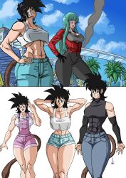 2girls abs absurdres aged_up bandages black_eyes black_hair blue_eyes blue_hair bra_(dragon_ball) breasts crop_top denim dragon_ball dragon_ball_gt gloves highres hime_cut jacket jeans large_breasts long_hair multiple_girls overalls pan_(dragon_ball) pants saiyan saiyan_tail shirt shorts tail unku00f4shin yoga_pants