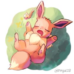 animal_focus artist_name brown_fur bug caterpillar closed_eyes commentary_request eevee from_above gen_1_pokemon highres horns lying mane nintendo no_humans on_back on_grass open_mouth pawpads pokemon pokemon_(creature) rongai28 single_horn sleeping tail twitter_username weedle