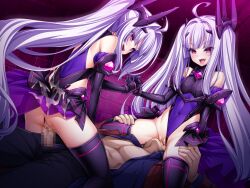 Rule 34 | 1boy, 2girls, :d, ahoge, amakubo kaede, amakubo yuri, ass, bare shoulders, black gloves, breasts, censored, clothed sex, clothing aside, covered navel, cowgirl position, cum, cum in pussy, cum on ass, cum on body, cum on clothes, cunnilingus, elbow gloves, ffm threesome, game cg, girl on top, gloves, group sex, hair ornament, hetero, highleg, highleg leotard, holding hands, inoino, interlocked fingers, kouyoku senki exs-tia, large variant set, layered skirt, leotard, leotard aside, long hair, mosaic censoring, multiple girls, non-web source, official art, open mouth, oral, penis, purple background, purple leotard, pussy, pussy juice, red eyes, rextia lili, rextia mei, sex, shihou souma, shimaidon (sex), showgirl skirt, siblings, sisters, sitting, sitting on face, sitting on person, skirt, smile, straddling, thigh grab, thighhighs, thong leotard, threesome, twintails, vaginal, variant set, very long hair, white hair