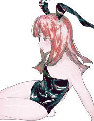 1girl absurdres animal_ears aqua_eyes bare_shoulders black_leotard breasts collarbone cowboy_shot fake_animal_ears fake_tail highres kasabuta_nokuni leaning_to_the_side leotard long_eyelashes long_hair looking_ahead open_mouth original playboy_bunny rabbit_ears rabbit_tail red_hair simple_background sitting small_breasts solo strapless strapless_leotard tail thighs white_background