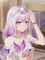 1girl artist_name bare_shoulders bug butterfly castorice_(honkai:_star_rail) castorice_(star_rail_live_2025)_(honkai:_star_rail) highres holding holding_phone honkai:_star_rail honkai_(series) insect jewelry jiuleyan multiple_girls necklace official_alternate_costume phone pointy_ears purple_butterfly purple_eyes purple_hair purple_nails smile tiara