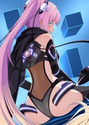 1girl :q absurdres anyoji_hime ass ass_focus black_cape black_leotard blonde_hair blue_eyes butt_crack cape commentary_request cosplay cube gradient_hair hair_ornament highres leotard link!_like!_love_live! long_hair looking_at_viewer looking_back love_live! multicolored_hair official_alternate_costume ongeki pink_hair ponytail see-through_clothes see-through_leotard sitting smile solo takase_rio takase_rio_(cosplay) tongue tongue_out virtual_youtuber zanpon