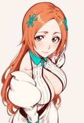 1girl ai-assisted ai-generated bleach bleach:_sennen_kessen-hen breasts brown_eyes cleavage cleavage_cutout clothing_cutout cropped_jacket dress hair_ornament happy highres inoue_orihime jacket jei_games large_breasts long_hair looking_at_viewer navel orange_hair parted_bangs pink_lips snowflake_hair_ornament white_background white_dress white_jacket