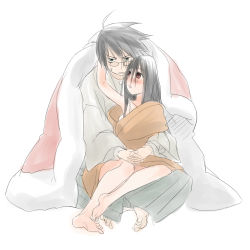 00s 1boy 1girl ahoge barefoot black_hair blanket blush brown_eyes ekra feet glasses green_eyes hetero hug hug_from_behind itoshiki_nozomu komori_kiri red_eyes sayonara_zetsubou_sensei simple_background sitting sitting_on_lap sitting_on_person sketch white_background