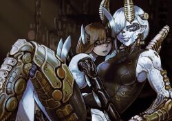 202vincent 2girls absurdres between_legs biomechanical bodysuit brown_hair colored_eyelashes colored_skin commentary cyborg dog_tags hair_over_one_eye highres horns mechabare medium_hair multiple_girls nervous_sweating original pointy_ears size_difference smile sweat symbol-only_commentary teeth upper_body white_eyes white_hair white_skin yellow_eyes yuri