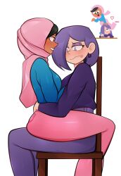 2girls absurdres arkeus_165 black_hair blue_shirt chair dark-skinned_female dark_skin duolingo eyeshadow feet_out_of_frame heart highres hijab lily_(duolingo) lipstick_mark long_sleeves makeup multiple_girls pants pink_hijab pink_pants purple_eyeshadow purple_hair purple_pants purple_shirt shirt shirt_tucked_in sitting sitting_on_lap sitting_on_person yuri zari_(duolingo)