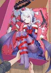1boy 1girl absurdres ass ball_gag bare_shoulders bdsm black_shirt blue_archive blue_gemstone bondage bound bound_arms bound_legs bound_toes bound_torso box bracelet clenched_hand clenched_hands collarbone demon_horns demon_wings detached_sleeves dildo dress earrings elbow_gloves feet feet_up female_focus flat_chest frilled_dress frills full_body gag gem gift gift_box gloves hair_between_eyes hair_ribbon halo highres hina_(blue_archive) hina_(dress)_(blue_archive) hitachi_magic_wand holding_another&#039;s_foot horns huge_filesize improvised_bondage indoors jewelry layered_dress legs legs_together licking licking_lips loli long_hair long_sleeves looking_ahead looking_at_another looking_to_the_side low_wings multiple_horns necklace official_alternate_costume official_alternate_hairstyle panties pantyhose pearl_(gemstone) pearl_bracelet pearl_choker pearl_necklace pendant presenting purple_dress purple_gloves purple_hair purple_halo purple_panties purple_pantyhose ribbon ribbon_bondage seductive_gaze seductive_smile sex_toy shibari shibari_over_clothes shirt sidelocks single_sidelock skin_tight skindentation sleeves_rolled_up smile solo_focus strapless strapless_dress swept_bangs swept_hair t_zhonglang thighs toes tongue tongue_out underwear unworn_gag upskirt vibrator whip white_hair wings wooden_floor wrists_tied_together