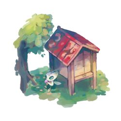 antennae berry_(pokemon) celebi closed_mouth gen_2_pokemon grass green_eyes highres hokora_(shrine) holding legendary_pokemon mythical_pokemon nintendo no_humans pecha_berry pokemon pokemon_(creature) shichibee_(stm_mimi) shrine sitting smile solo tree wings