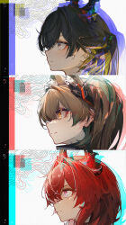 Rule 34 | 3girls, angelina (arknights), animal ears, arknights, arknights: endfield, black hair, brown hair, chen qianyu (arknights), chinese commentary, closed mouth, commentary request, elevation contour lines, film grain, from side, gilberta (arknights), grey eyes, highres, horns, laevatein (arknights), long hair, looking ahead, multiple girls, openvl, pink eyes, profile, red hair, surtr (arknights), yellow eyes