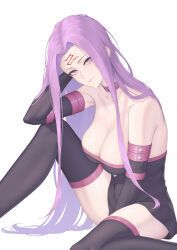 1girl bare_shoulders breasts cleavage dress facial_mark fate/grand_order fate_(series) forehead forehead_mark highres large_breasts long_hair looking_at_viewer medusa_(fate) medusa_(rider)_(fate) nmi purple_eyes purple_hair solo thighhighs very_long_hair