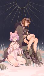 Rule 34 | 2girls, absurdres, bandaid, bandaid on knee, bandaid on leg, black shorts, boots, breasts, brown boots, brown coat, brown eyes, brown gloves, brown hair, closed mouth, coat, commentary request, dress, expressionless, fukana miyu (kokuya28), full body, fur coat, gloves, goggles, goggles on head, grass, hair ornament, highres, holding, holding sword, holding weapon, kokuya (kokuya28), looking at viewer, medium breasts, multiple girls, open mouth, original, pink eyes, pink hair, rock, seiza, short hair, shorts, sideboob, sitting, sleeveless, sleeveless dress, smile, sword, textless version, toga, weapon, white dress, x hair ornament