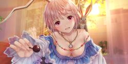 Rule 34 | 1girl, analog clock, antlers, armpit crease, armpits, bent over, blue reflection (series), blue reflection sun, blurry, blurry background, breasts, breasts apart, building, candy, chain, clock, clock necklace, collarbone, creature, creature on shoulder, downblouse, dress, evening, extended downblouse, fingernails, food, frilled dress, frills, game cg, gold chain, head tilt, highres, holding, holding candy, holding food, holding lollipop, horns, incoming food, jackalope, jackalope girl, kishida mel, large breasts, lollipop, looking at viewer, non-web source, off-shoulder dress, off shoulder, official art, on shoulder, open mouth, pink eyes, short hair, smile, solo, sun, takaoka yukiko, teeth, upper teeth only, white dress