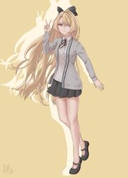 1girl artist_request black_skirt blonde_hair breasts character_request dragon_raja full_body grey_jacket hair_ribbon highres jacket long_hair looking_at_viewer medium_breasts purple_eyes ribbon school_uniform skirt solo standing swept_bangs v very_long_hair wavy_hair yellow_background zero_(dragon_raja) score:1 rating:general Rule 34 | 1girl, artist request, black skirt, blonde hair, breasts, character request, dragon raja, full body, grey jacket, hair ribbon, highres, jacket, long hair, looking at viewer, medium breasts, purple eyes, ribbon, school uniform, skirt, solo, standing, swept bangs, v, very long hair, wavy hair, yellow background, zero (dragon raja)