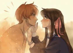 Rule 34 | 1boy, 1girl, blunt bangs, blush, brown hair, colored smoke, commentary, eye contact, fruits basket, hair ribbon, highres, honda tohru, itslopezz, long hair, looking at another, orange hair, pink ribbon, profile, ribbon, school uniform, short hair, sidelocks, smoke, sohma kyou, sweatdrop, topless male, twitter username