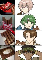 4boys :q alm_(fire_emblem) arms_behind_head black_hair brown_eyes brown_hair candy circlet dark-skinned_male dark_skin eating fire_emblem fire_emblem_echoes:_shadows_of_valentia food gray_(fire_emblem) green_eyes green_hair headband holding holding_candy holding_food kitkat kliff_(fire_emblem) maji_(majibomber) male_focus meme multiple_boys nintendo photo_inset tobin_(fire_emblem) tongue tongue_out