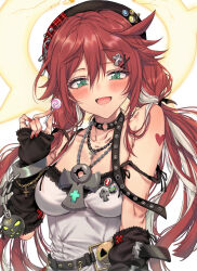 1girl ankh bare_shoulders beret black_hat black_sleeves blush breasts candy chain cleavage commentary_request detached_sleeves dress food green_eyes guilty_gear guilty_gear_strive hair_between_eyes halo hat highres holding holding_candy holding_food holding_lollipop jack-o&#039;_valentine kayanogura lollipop long_hair long_sleeves looking_at_viewer low_twintails medium_breasts multicolored_hair plaid_hat red_hair red_hat simple_background sleeves_past_wrists solo strap_slip streaked_hair swirl_lollipop twintails upper_body very_long_hair white_background white_dress white_hair