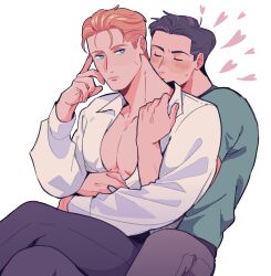 Rule 34 | 2boys, absurdres, albert wesker, arm up, bare pectorals, black hair, black pants, blonde hair, blue eyes, chinese commentary, chris redfield, collared shirt, commentary request, couple, crossed legs, green shirt, grey pants, hair slicked back, hand on own face, heart, highres, hug, hug from behind, kiss, kissing neck, long sleeves, male focus, multiple boys, oooyinghu, open clothes, open shirt, pants, pectorals, resident evil, shirt, short hair, simple background, sweat, sweatdrop, white background, white shirt, wing collar, yaoi